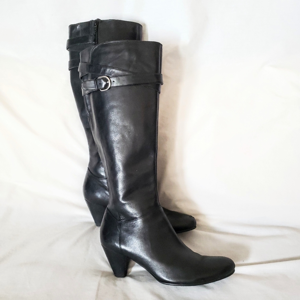 Ecco Black Leather Tall Heeled Calf Buckle Boots